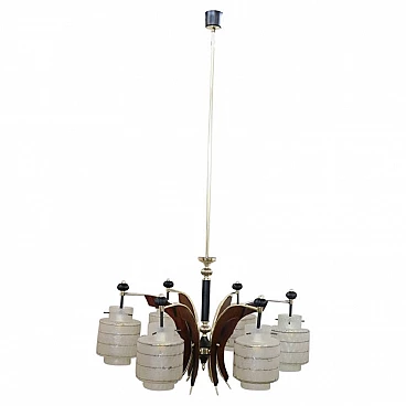 Brass, glass and wood chandelier in the style of Stilnovo, 1950s