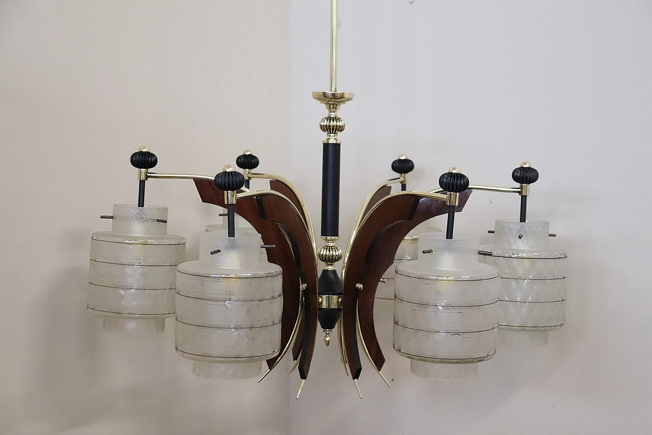 Lampadario in ottone, vetro e legno nello stile di Stilnovo, anni '50 4