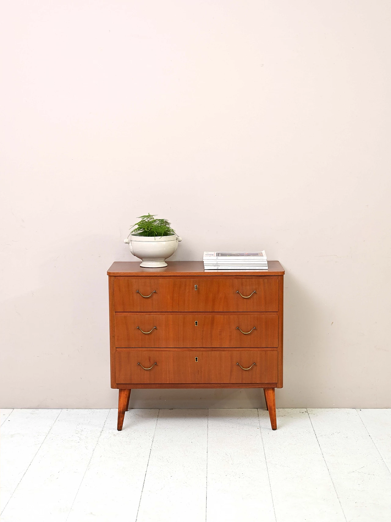 Scandinavian wooden chest of drawers with gilded handles, 1960s 1