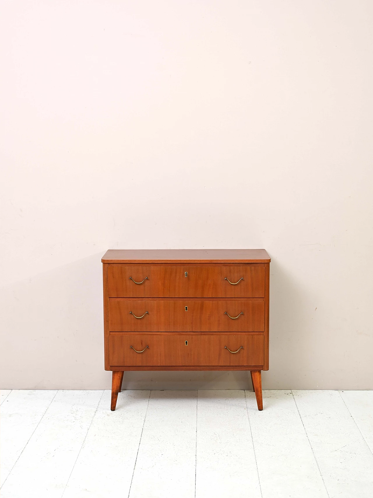 Scandinavian wooden chest of drawers with gilded handles, 1960s 2