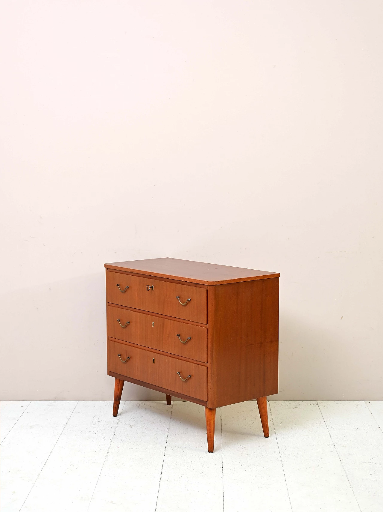 Scandinavian wooden chest of drawers with gilded handles, 1960s 4