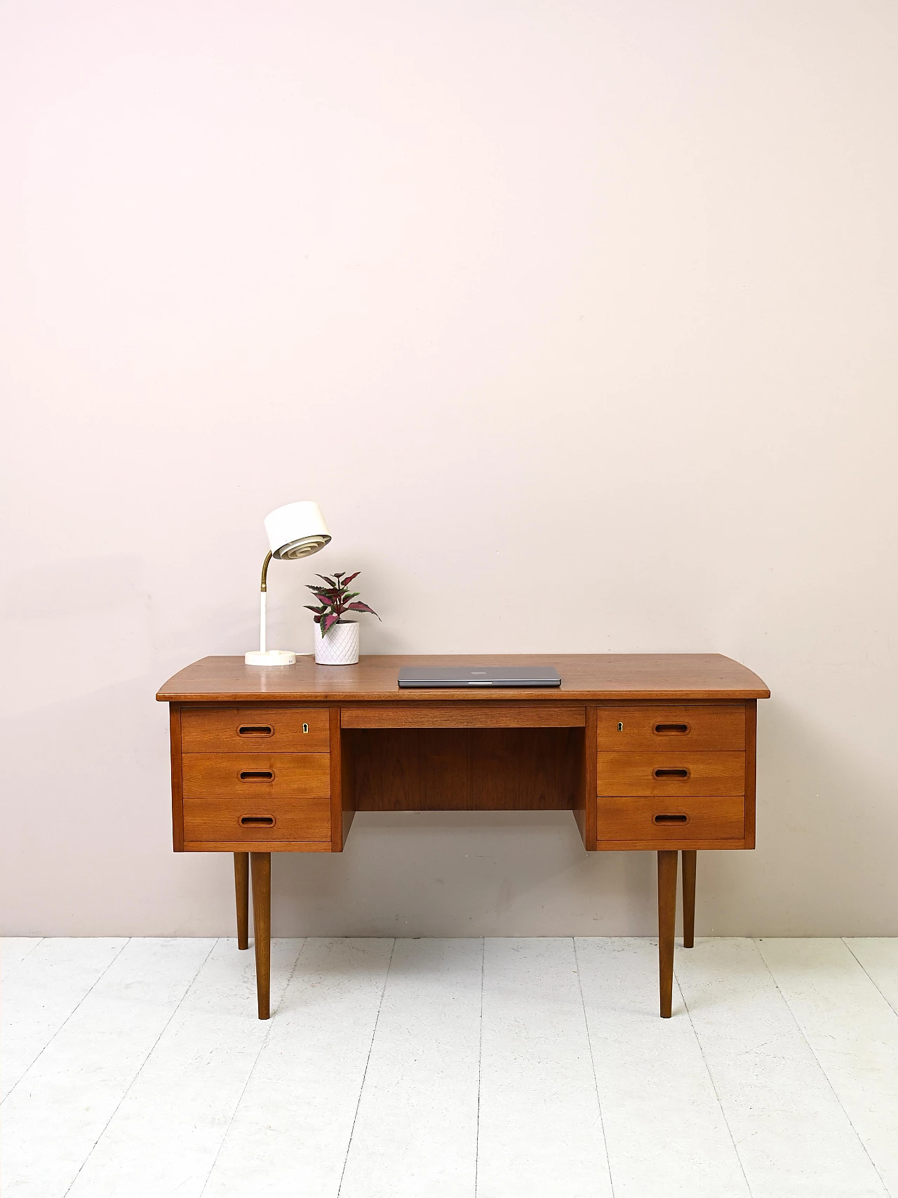 Danish teak desk with drawers and tapered legs, 1950s 1