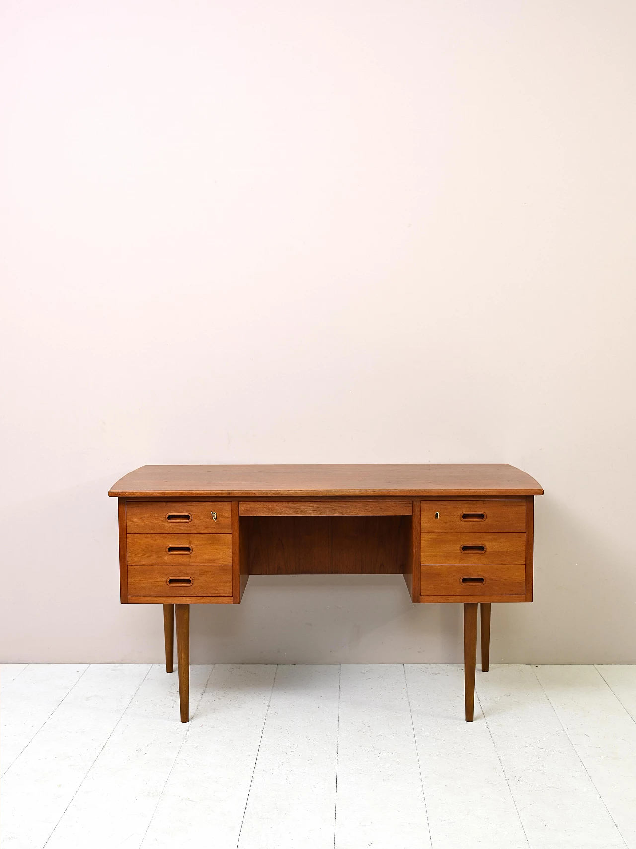 Danish teak desk with drawers and tapered legs, 1950s 2