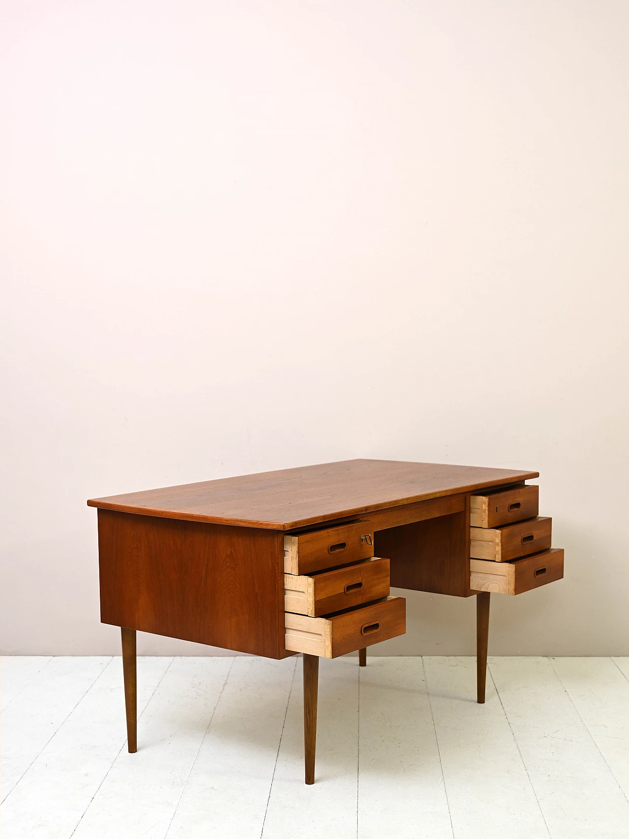 Danish teak desk with drawers and tapered legs, 1950s 4