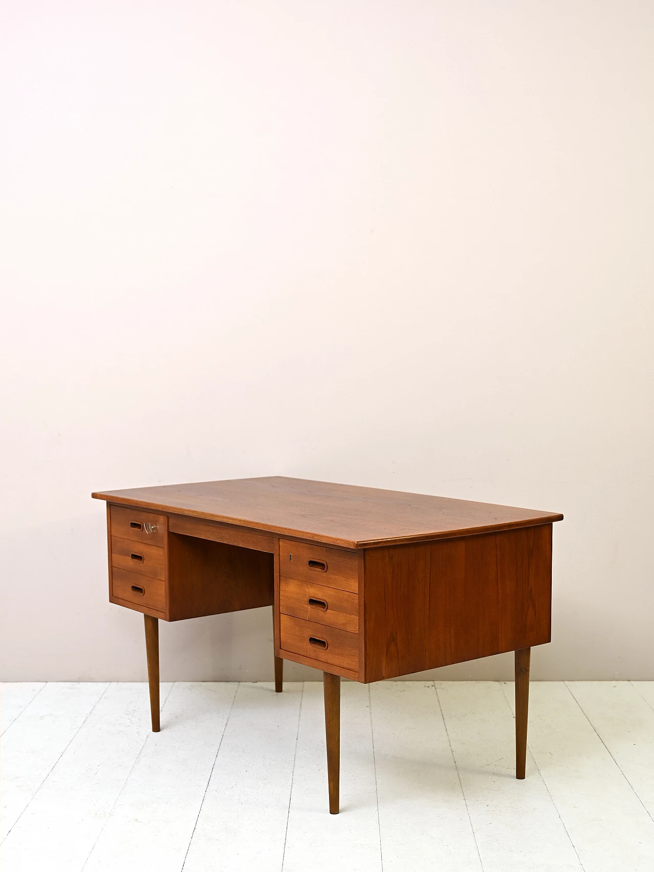 Danish teak desk with drawers and tapered legs, 1950s 6