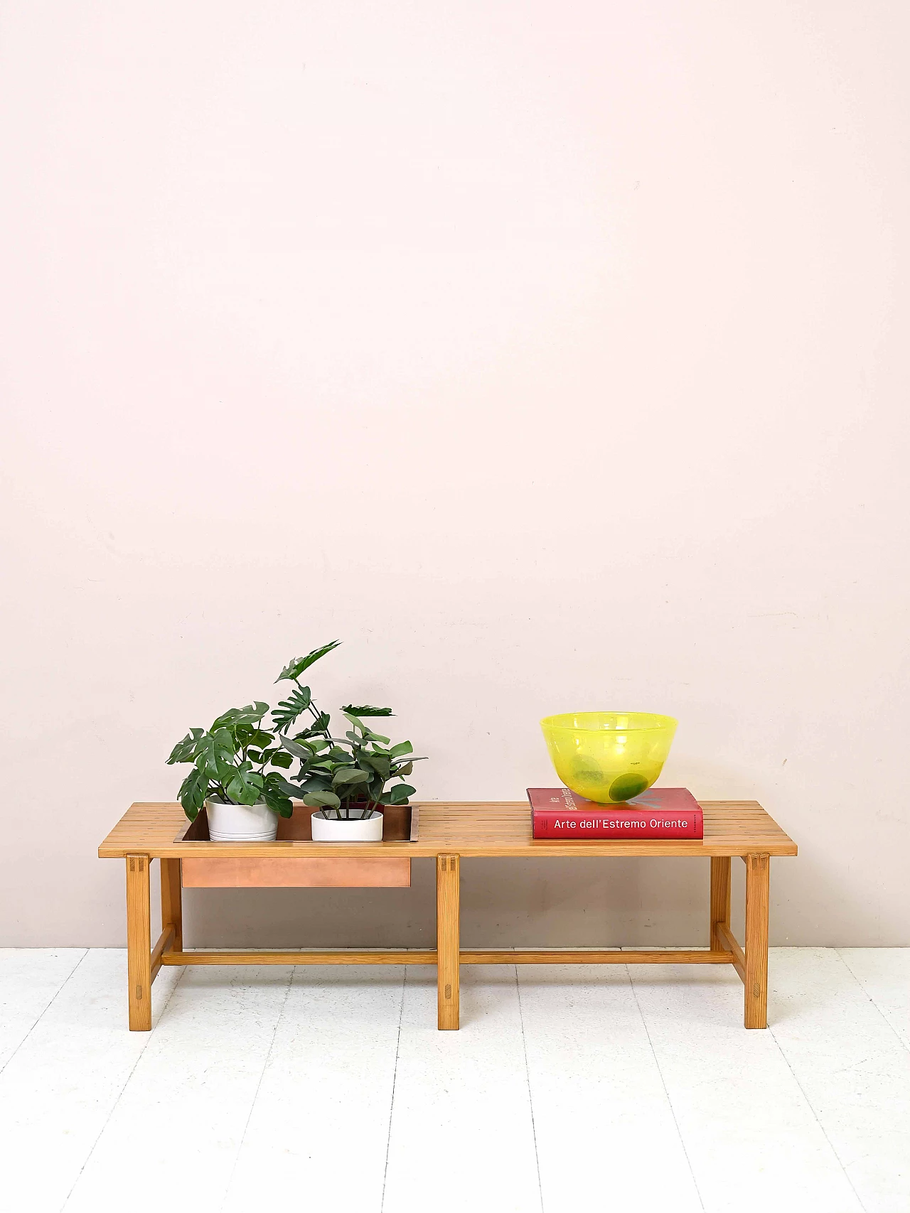 Scandinavian pine bench with metal planter, 1960s 1