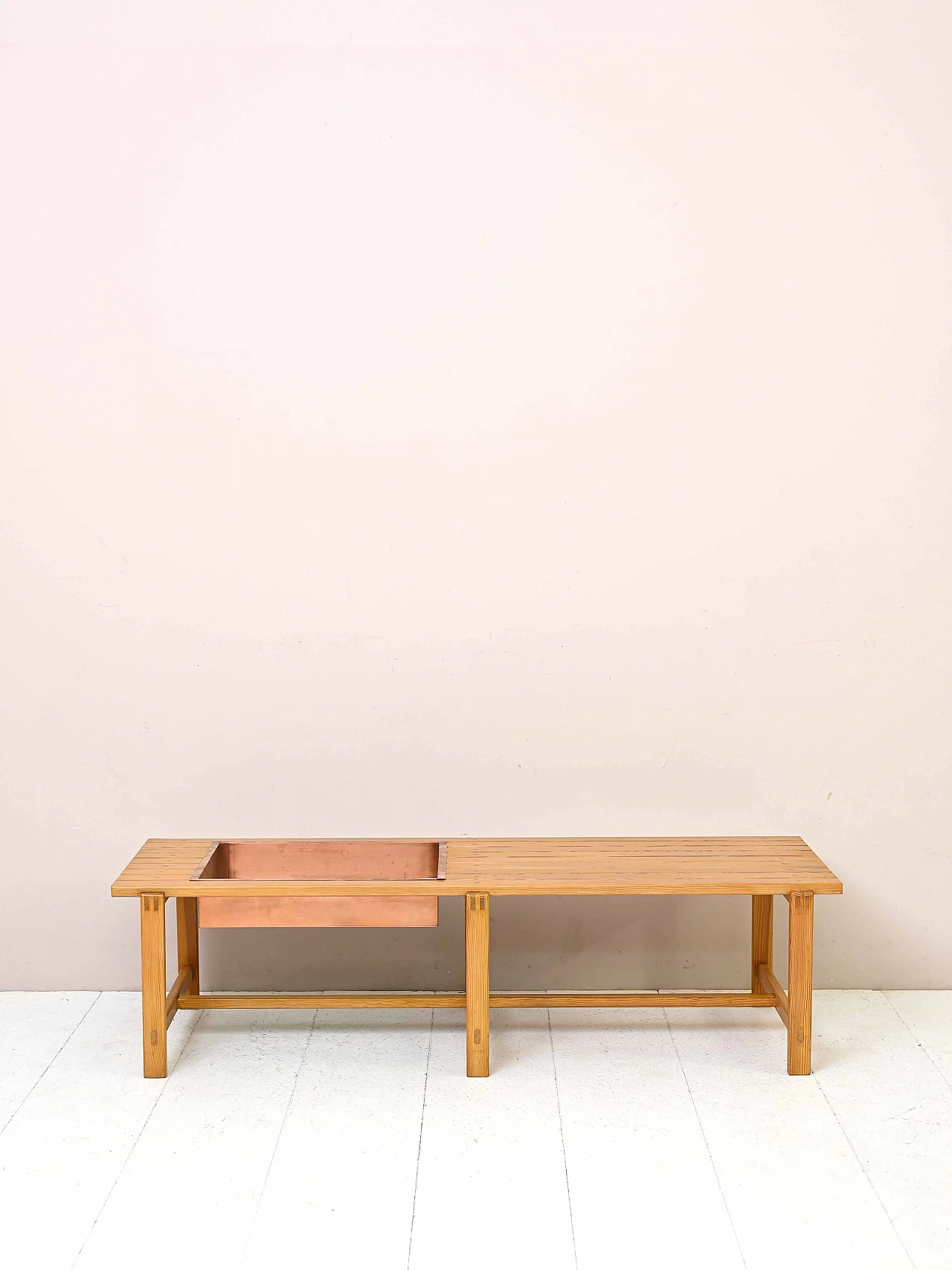 Scandinavian pine bench with metal planter, 1960s 2
