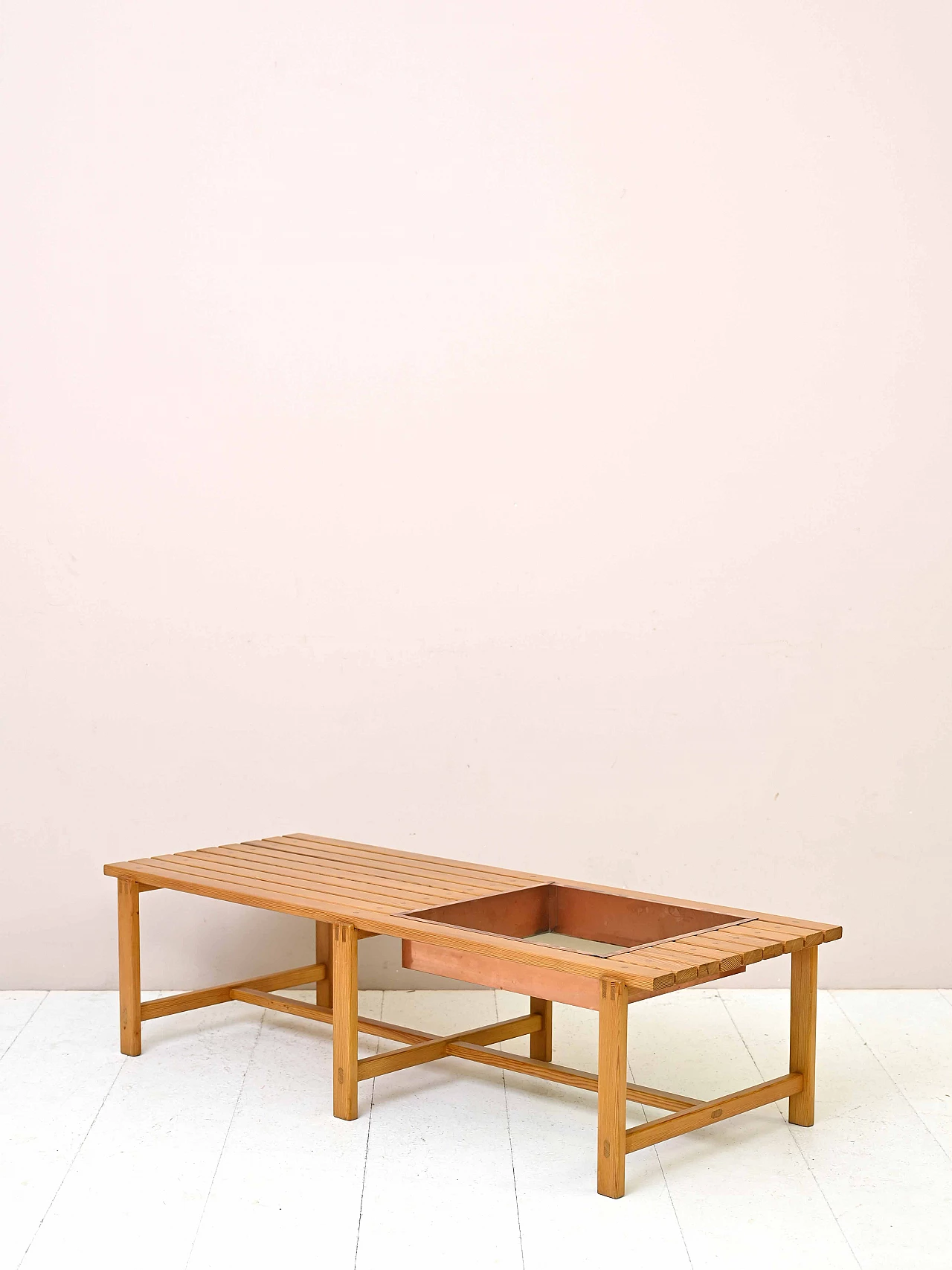 Scandinavian pine bench with metal planter, 1960s 4