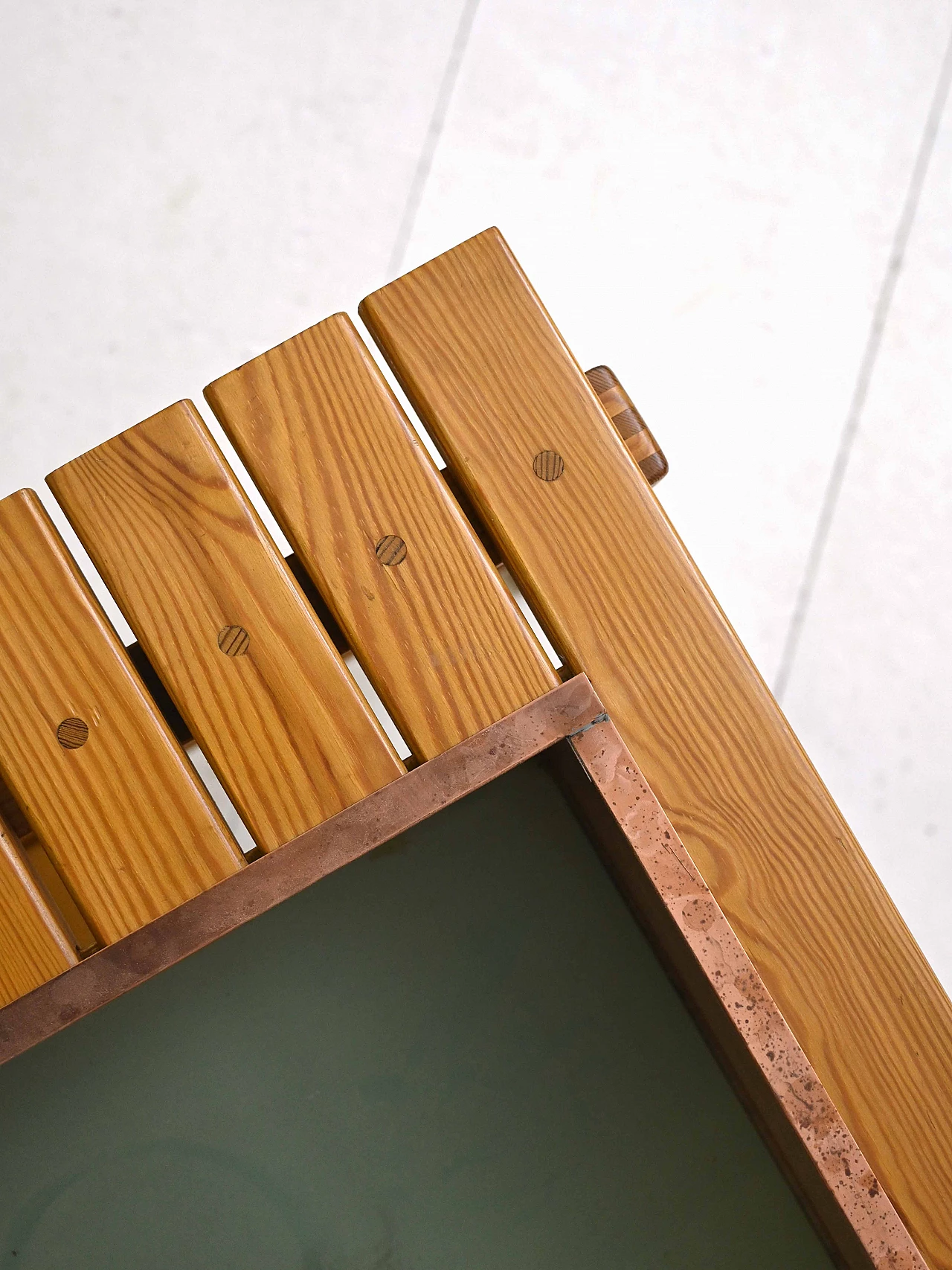 Scandinavian pine bench with metal planter, 1960s 5