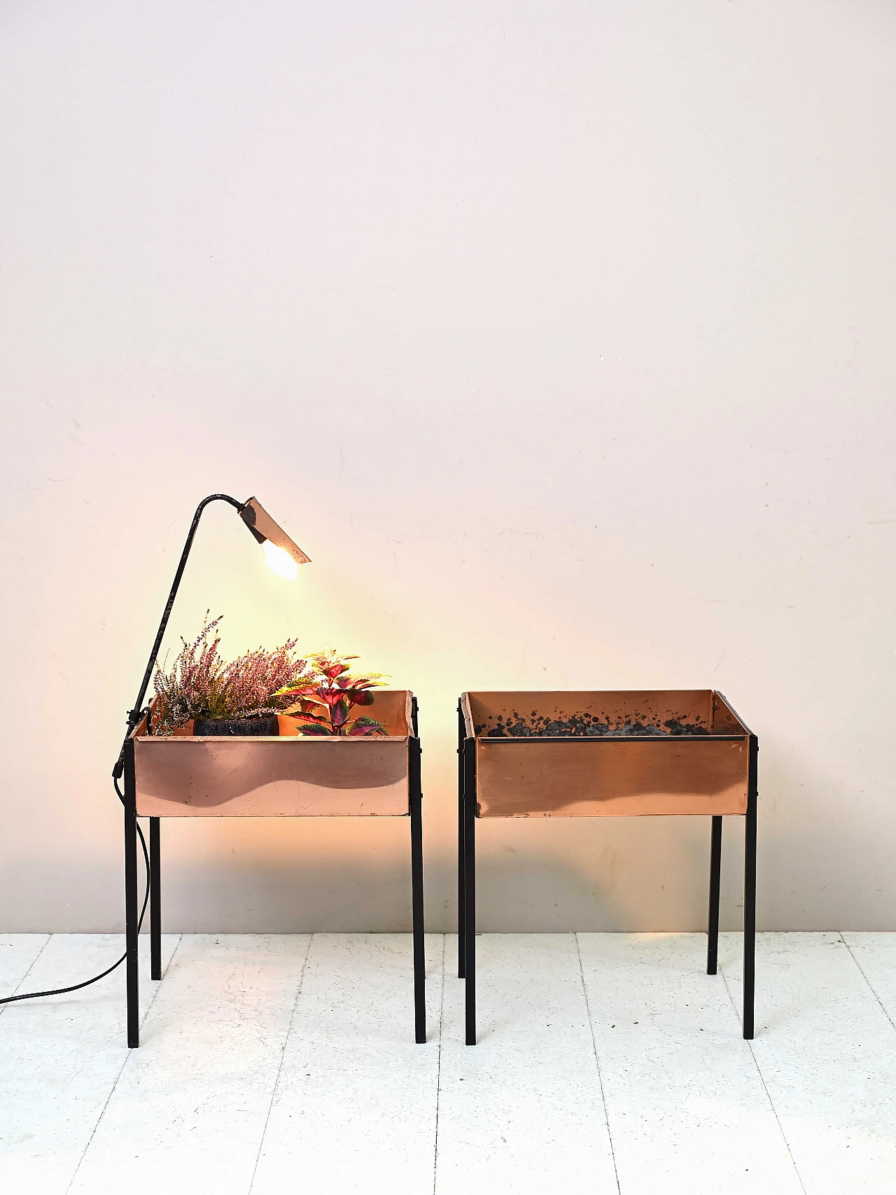 Pair of copper and metal planters with lamp, 1970s 1
