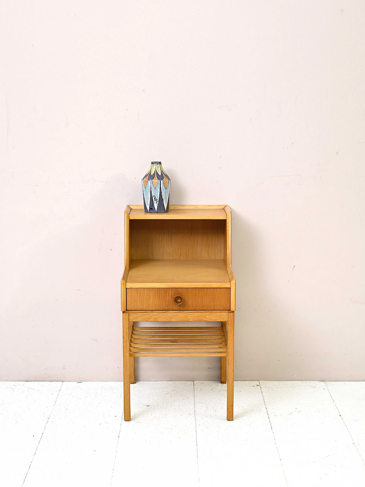 Scandinavian oak bedside table with double shelf, 1960s 1