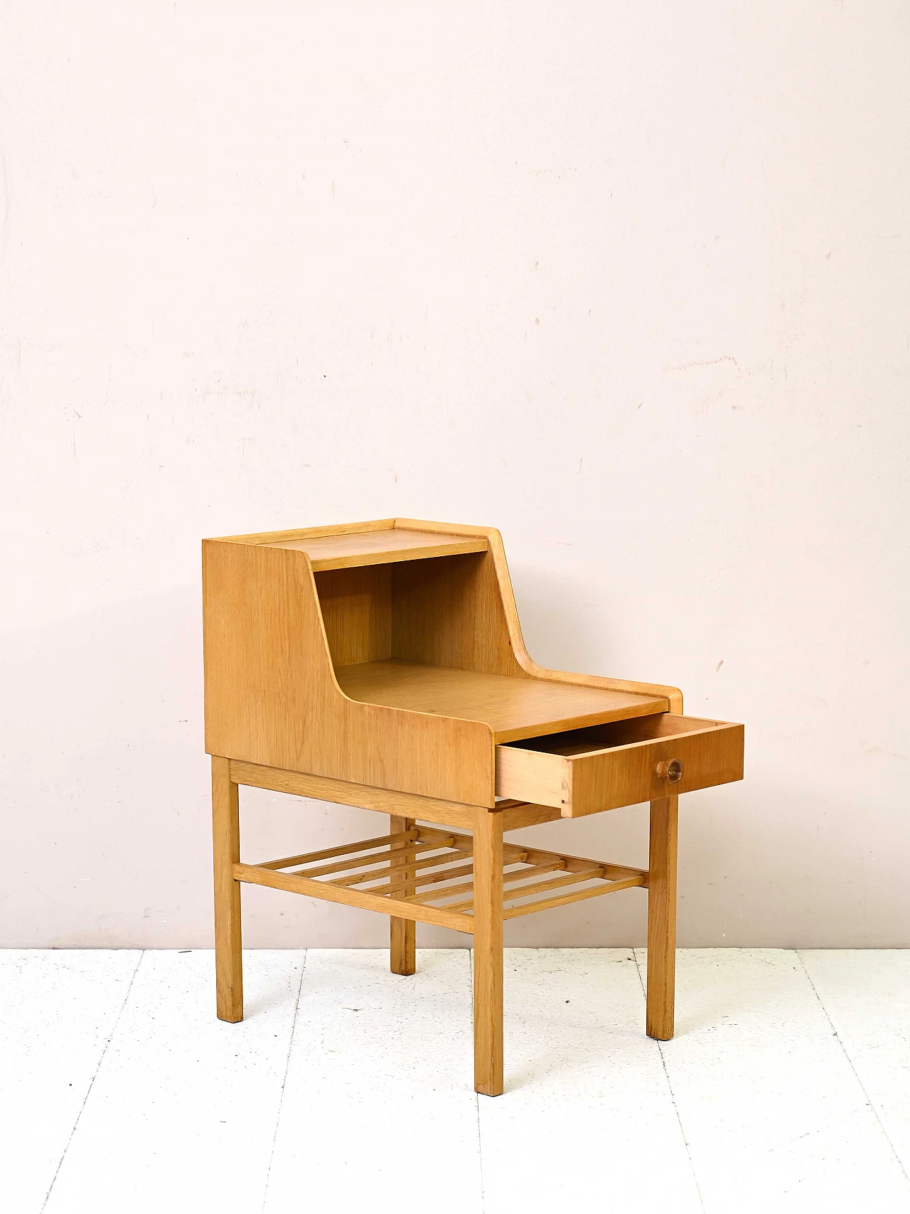 Scandinavian oak bedside table with double shelf, 1960s 4