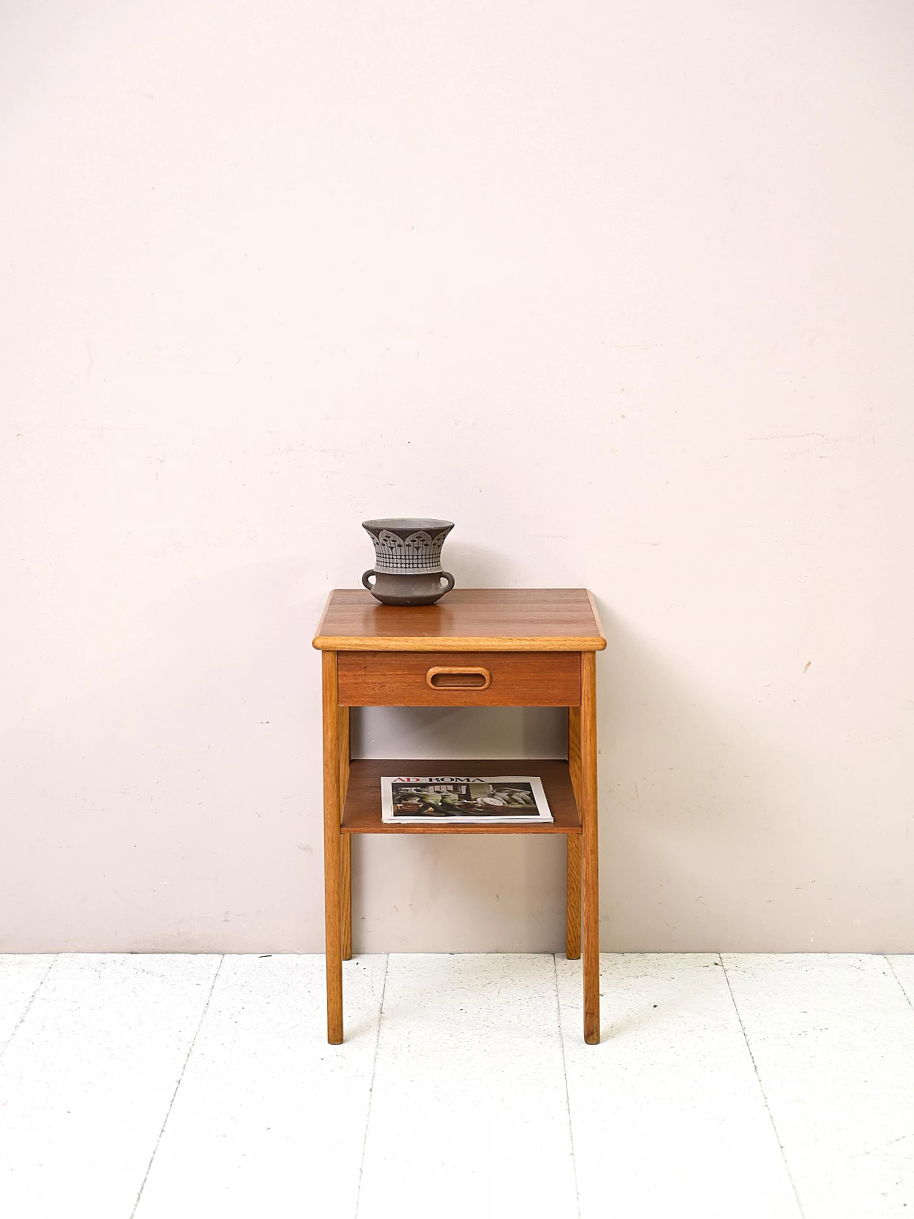 Swedish teak and oak bedside table with drawer and double shelf, 1960s 1