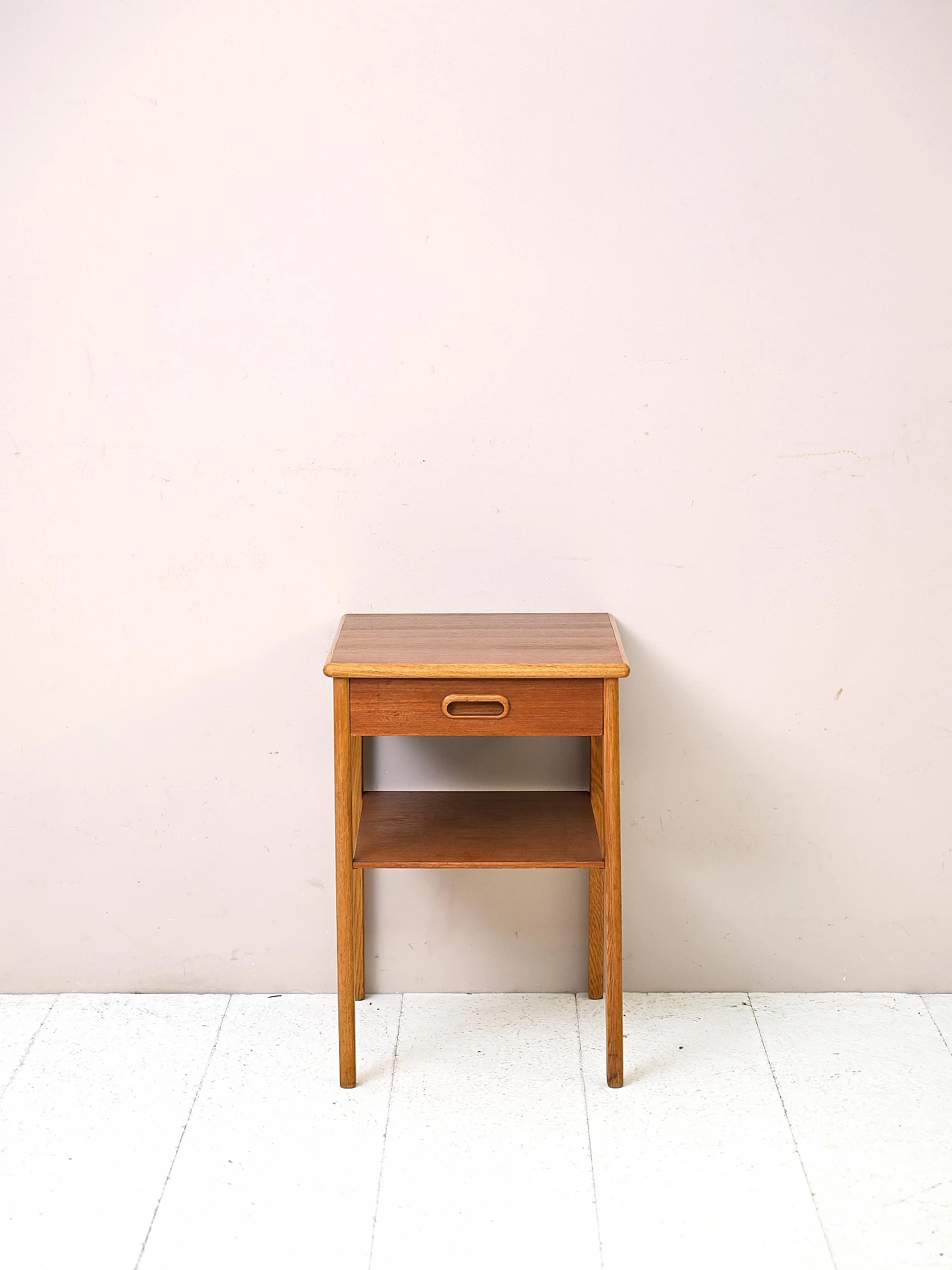 Swedish teak and oak bedside table with drawer and double shelf, 1960s 2