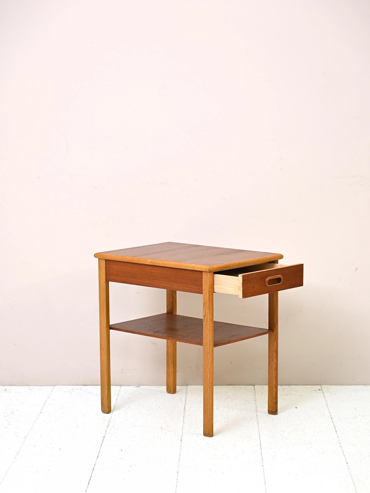 Swedish teak and oak bedside table with drawer and double shelf, 1960s 3