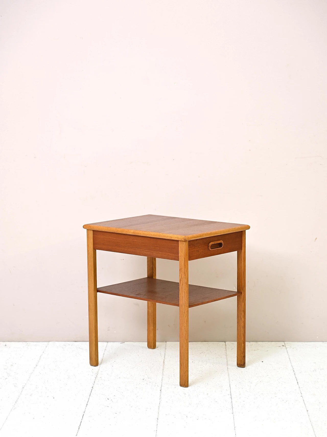 Swedish teak and oak bedside table with drawer and double shelf, 1960s 4