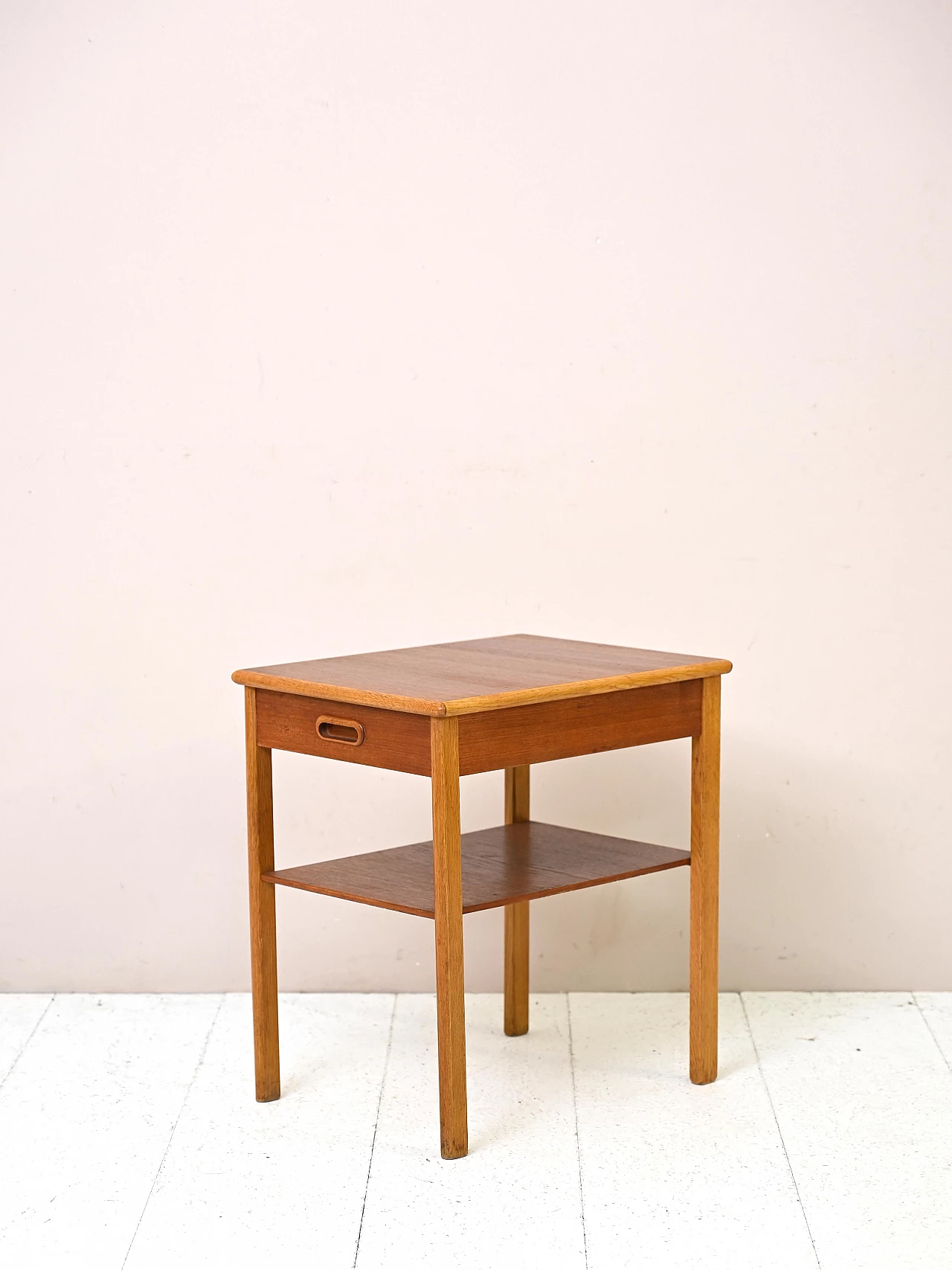 Swedish teak and oak bedside table with drawer and double shelf, 1960s 5
