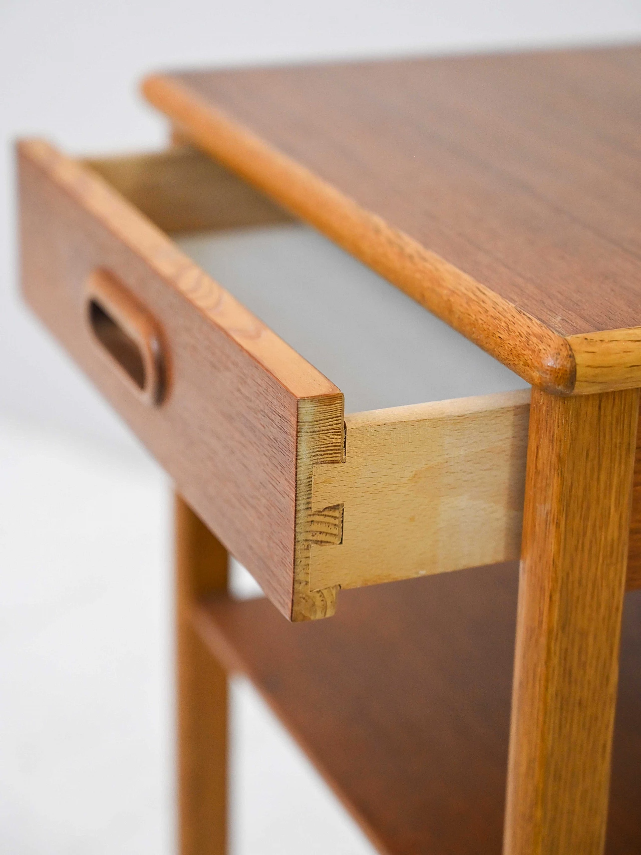 Swedish teak and oak bedside table with drawer and double shelf, 1960s 7