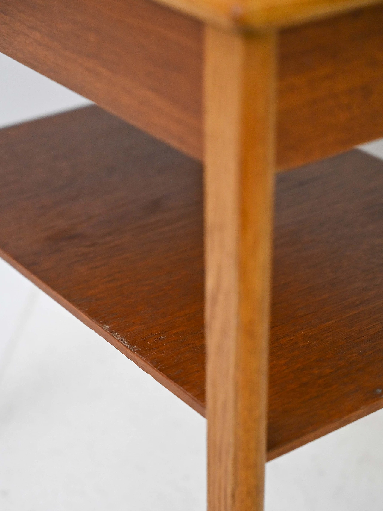 Swedish teak and oak bedside table with drawer and double shelf, 1960s 8