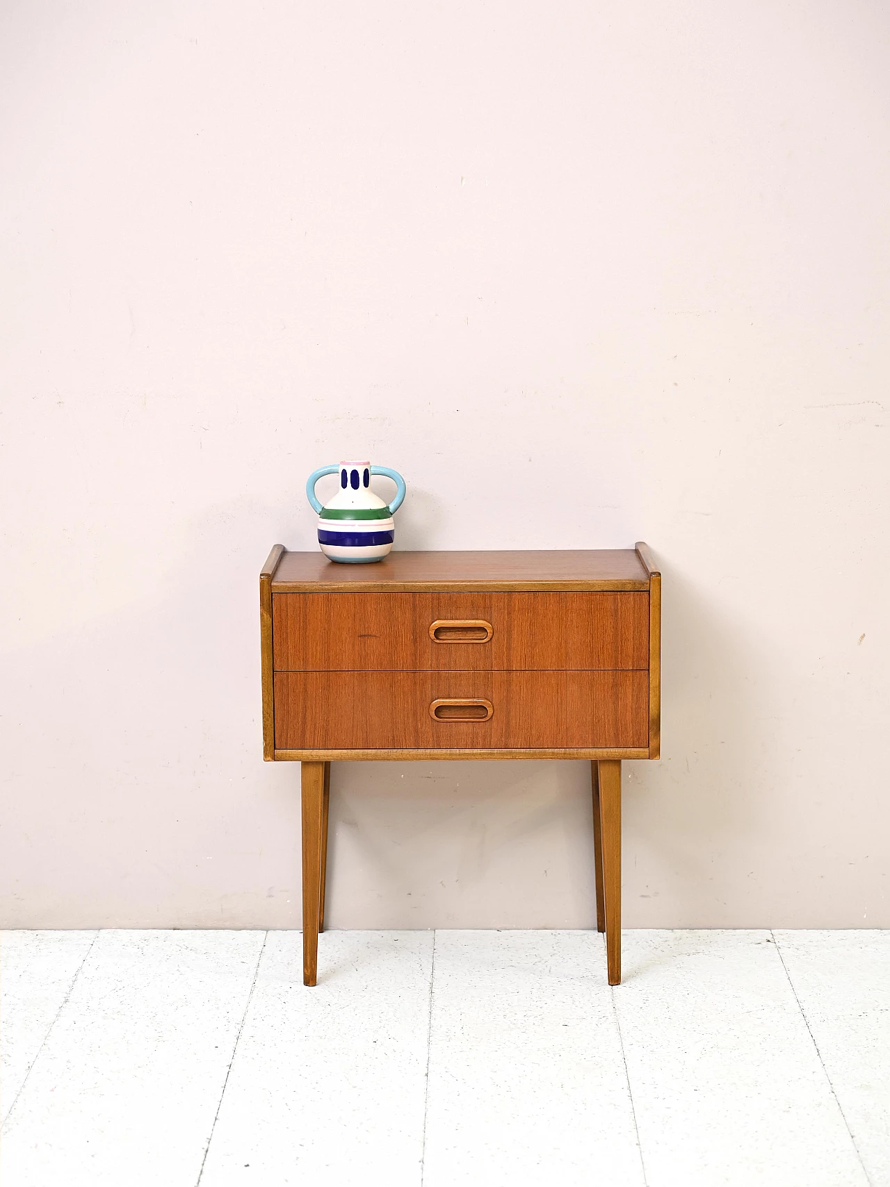 Scandinavian teak and birch bedside table with two drawers, 1960s 1