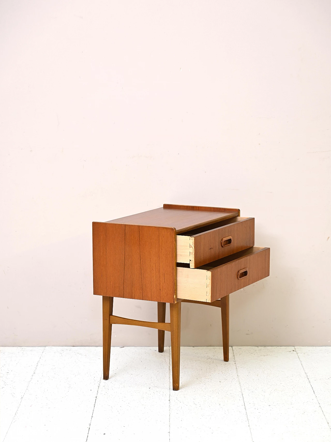 Scandinavian teak and birch bedside table with two drawers, 1960s 4
