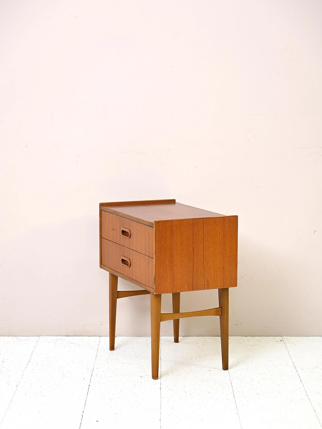 Scandinavian teak and birch bedside table with two drawers, 1960s 5