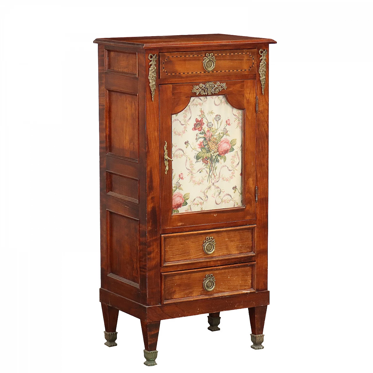 Art Nouveau cherry cabinet with glass door and floral fabric, early 20th century 1