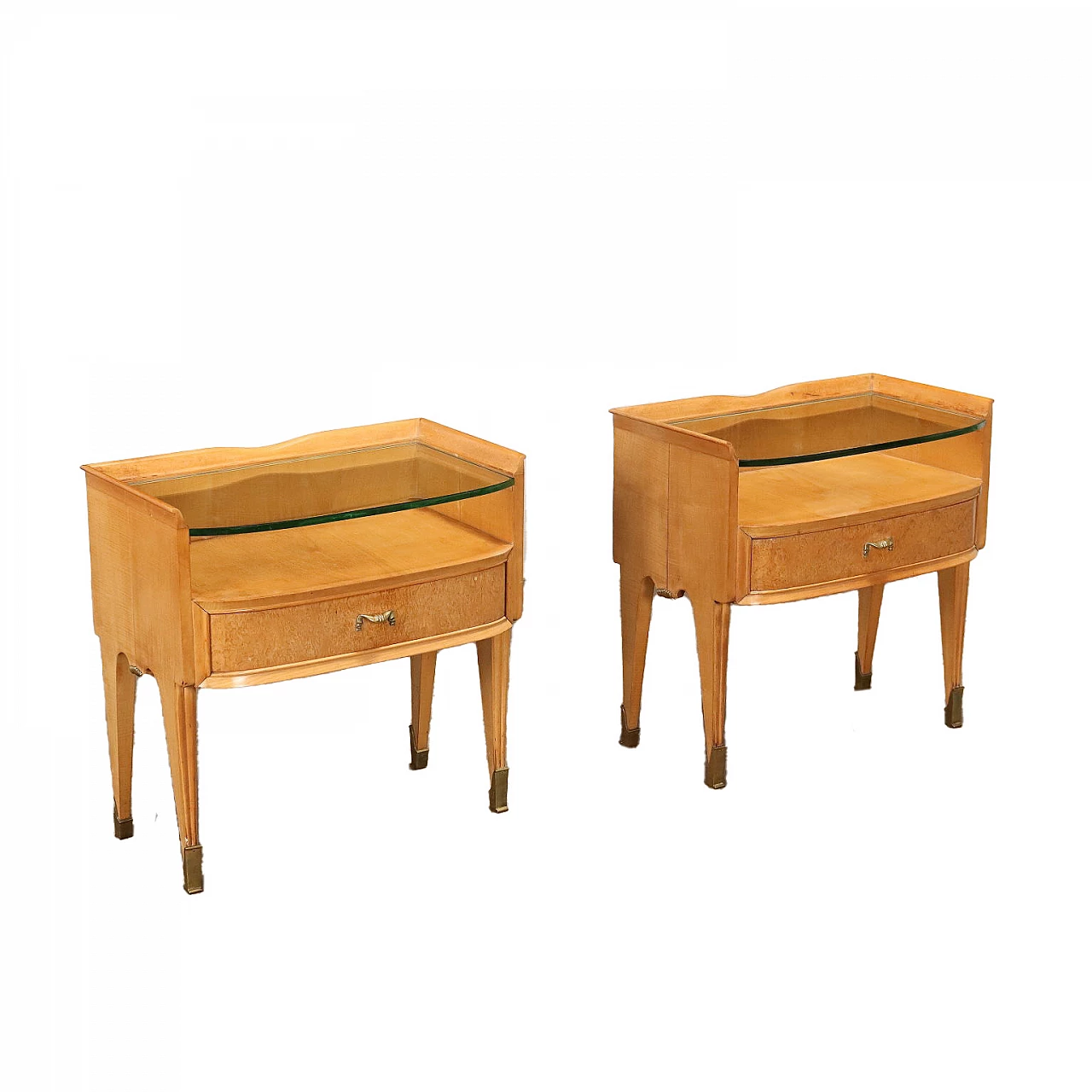 Pair of wooden bedside tables with glass top, 1950s 1