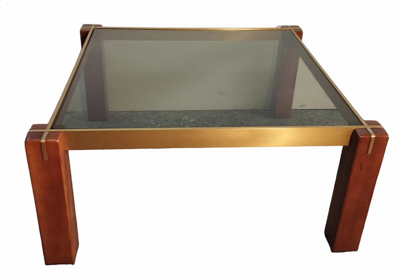 Square beech and brass coffee table with smoked glass top, 1960s 12