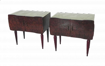 Pair of beech and mahogany root bedside tables with glass top, 1950s