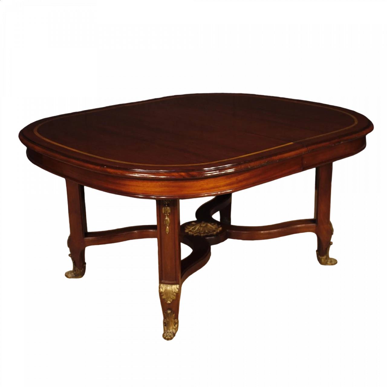 Mahogany extendable table with inlay and bronze details, 1930s 13