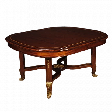 Mahogany extendable table with inlay and bronze details, 1930s
