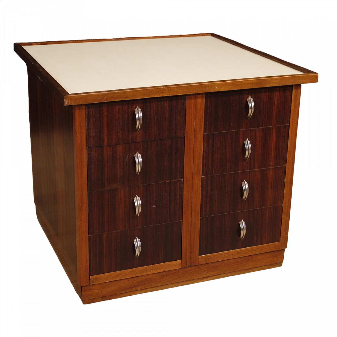 Wooden chest of drawers with chrome-plated metal handles and leatherette top, 1960s 13