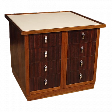 Wooden chest of drawers with chrome-plated metal handles and leatherette top, 1960s