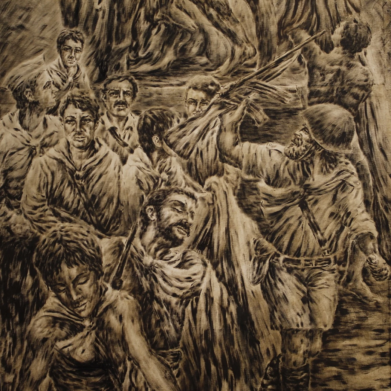 C. Vittorini, Allegory of the judgment of war soldiers, mixed media painting on canvas, 1980s 2