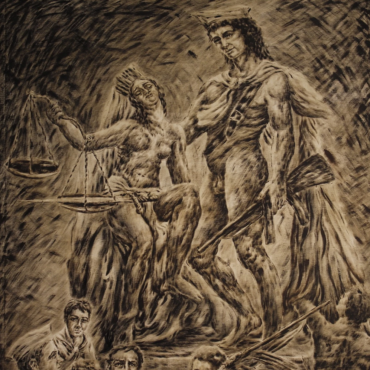 C. Vittorini, Allegory of the judgment of war soldiers, mixed media painting on canvas, 1980s 9