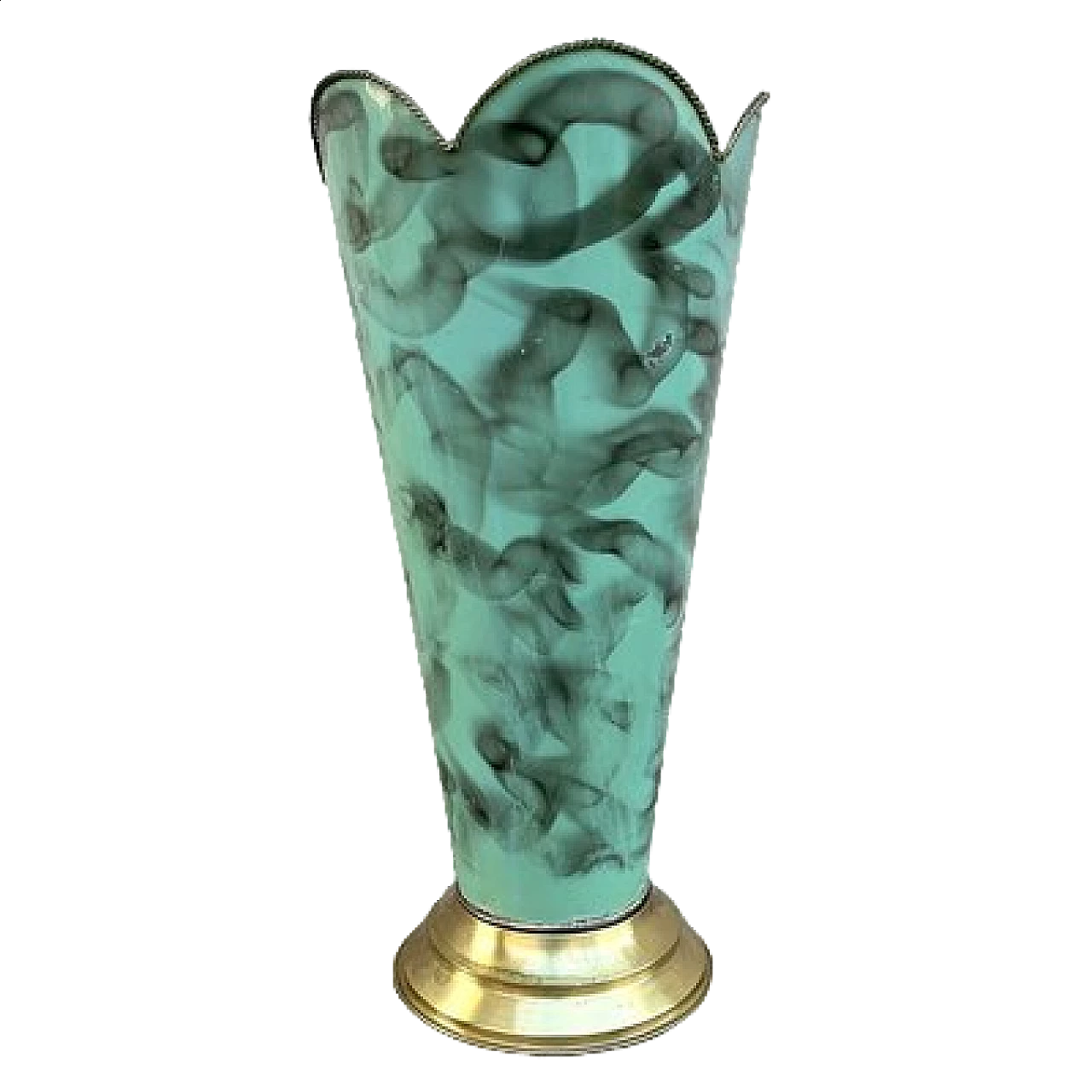 Green and black metal umbrella stand with brass base, 1950s 11