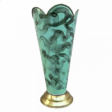 Portaombrelli in metallo verde e nero con base in ottone, anni '50
