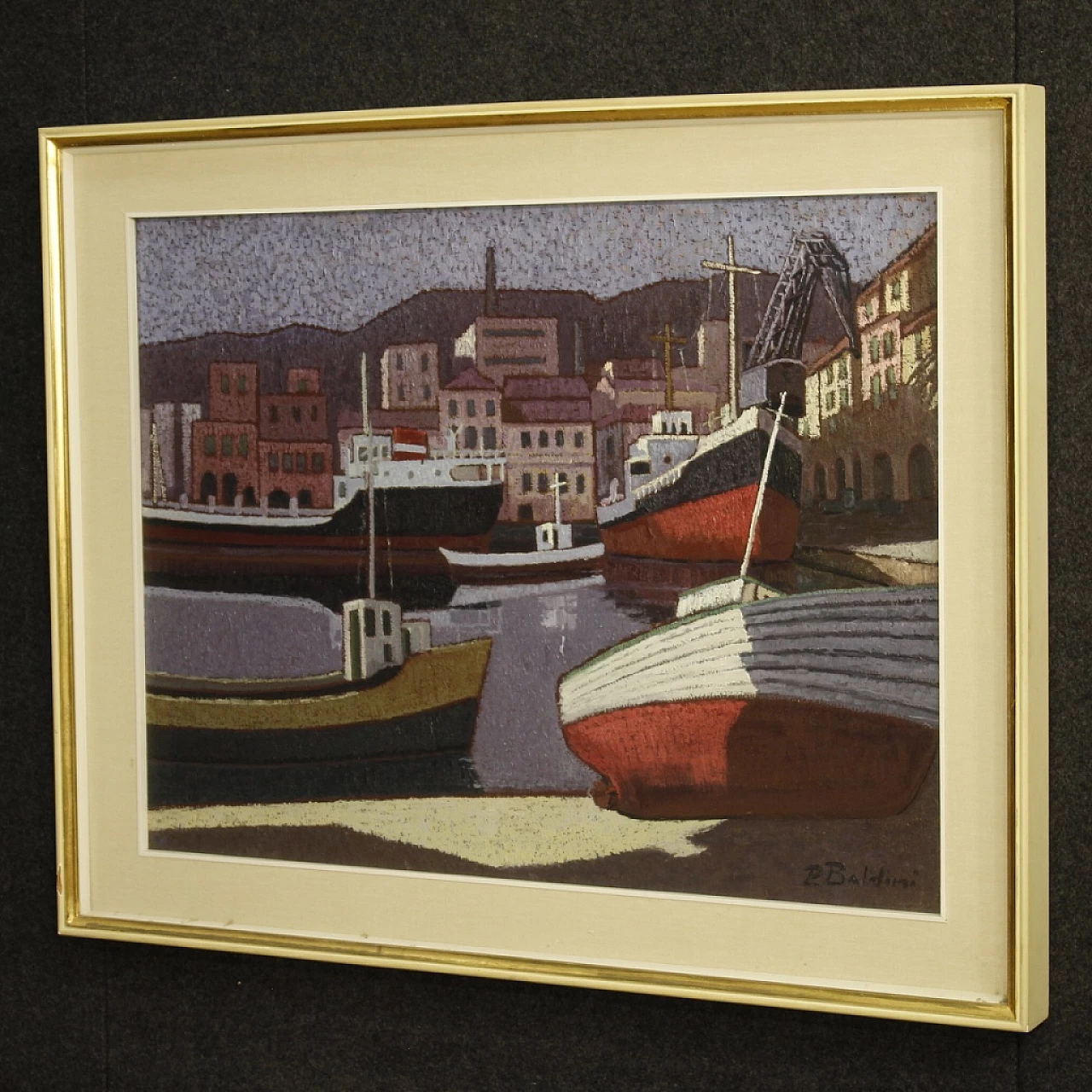 P. Baldini, veduta con barche e porto, dipinto a olio su tela 6