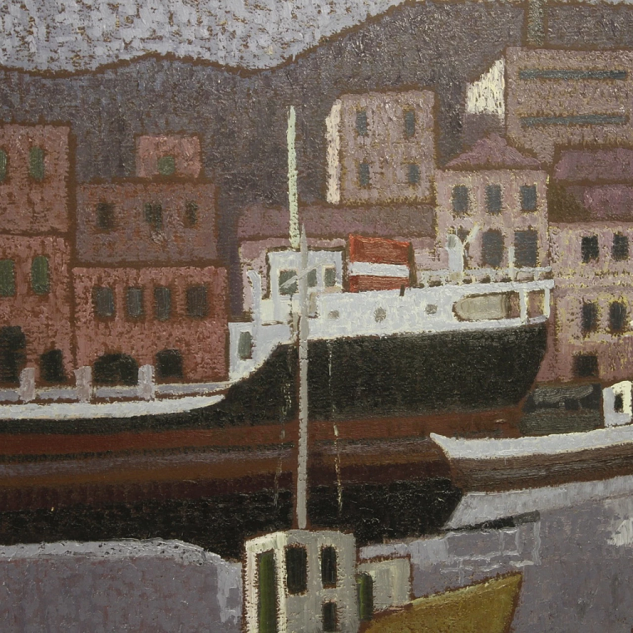 P. Baldini, veduta con barche e porto, dipinto a olio su tela 7