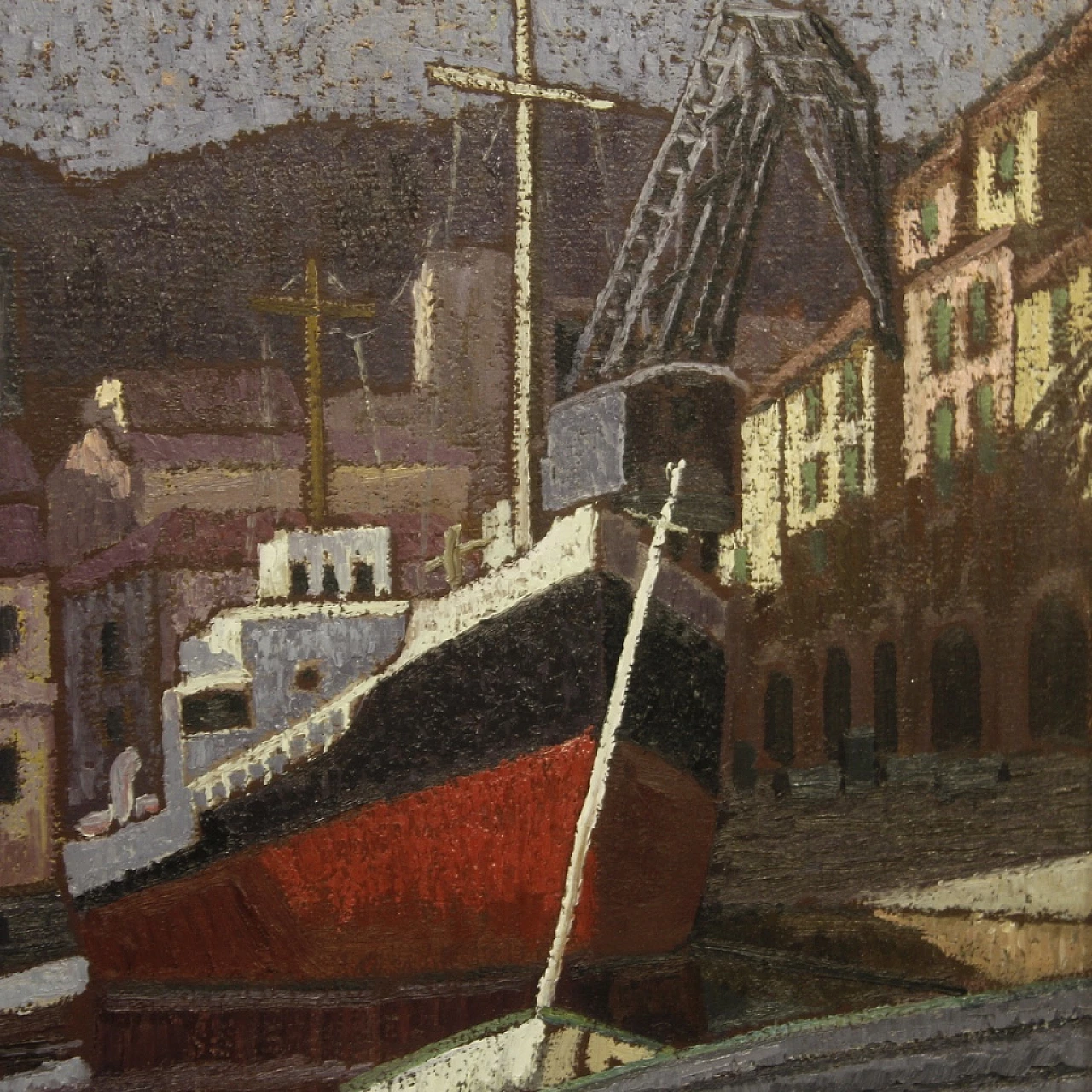 P. Baldini, veduta con barche e porto, dipinto a olio su tela 10