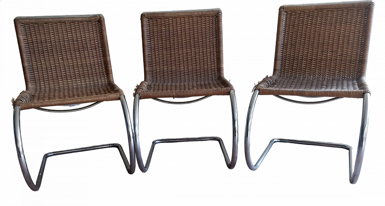 3 Sedie MR10 in acciaio cromato e rattan di Ludwig Mies van der Rohe per Thonet, anni '60 9