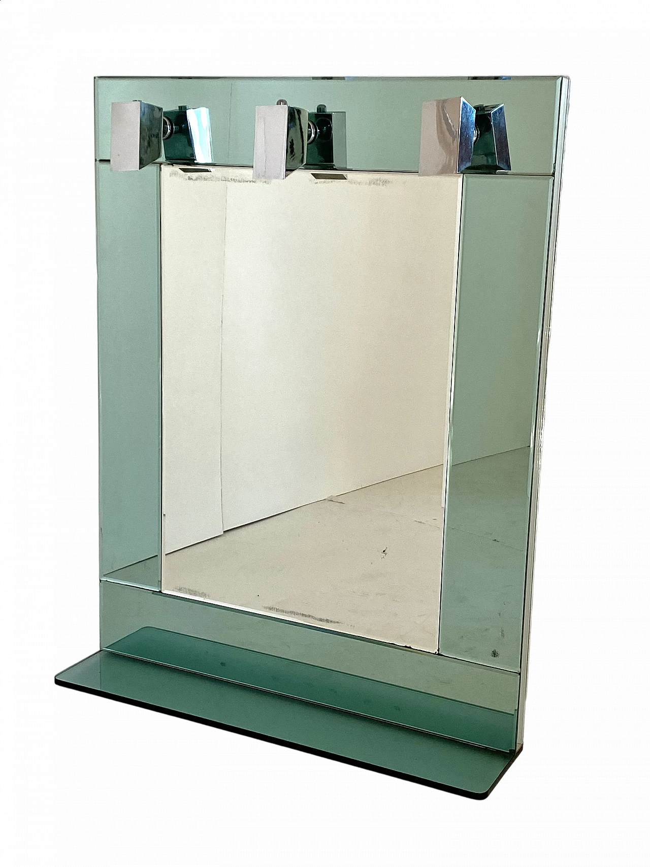 Specchio con cornice in vetro color acqua marina e tre punti luce, anni '60 16