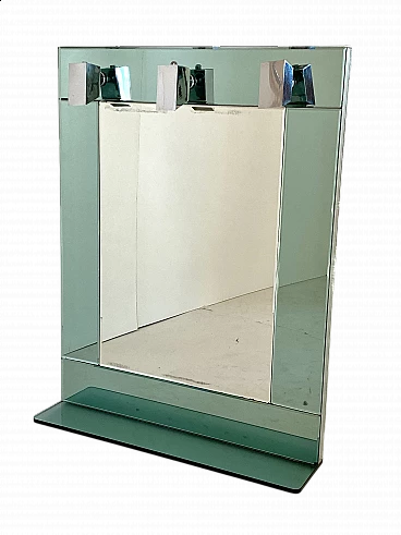 Specchio con cornice in vetro color acqua marina e tre punti luce, anni '60