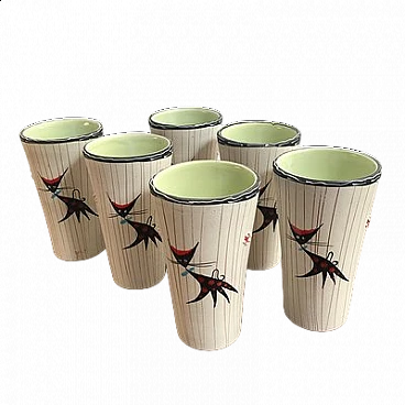 6 Bicchieri in ceramica dipinta di Cama Deruta, anni '50