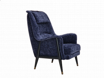 Swedish high-backed armchair with dark blue velvet upholstery, 1960s