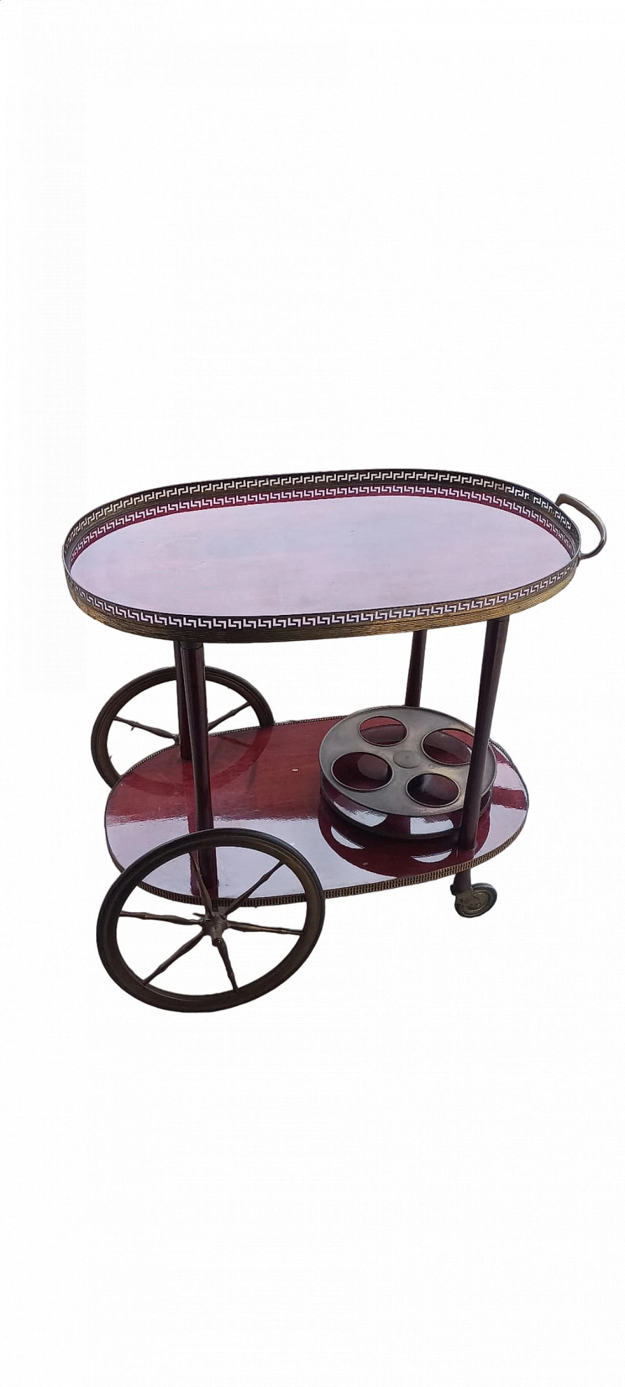 Carrello bar in legno e metallo con portabottiglie, anni '60 9