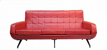 Three-seater red skai sofa with adjustable brass feet, 1950s