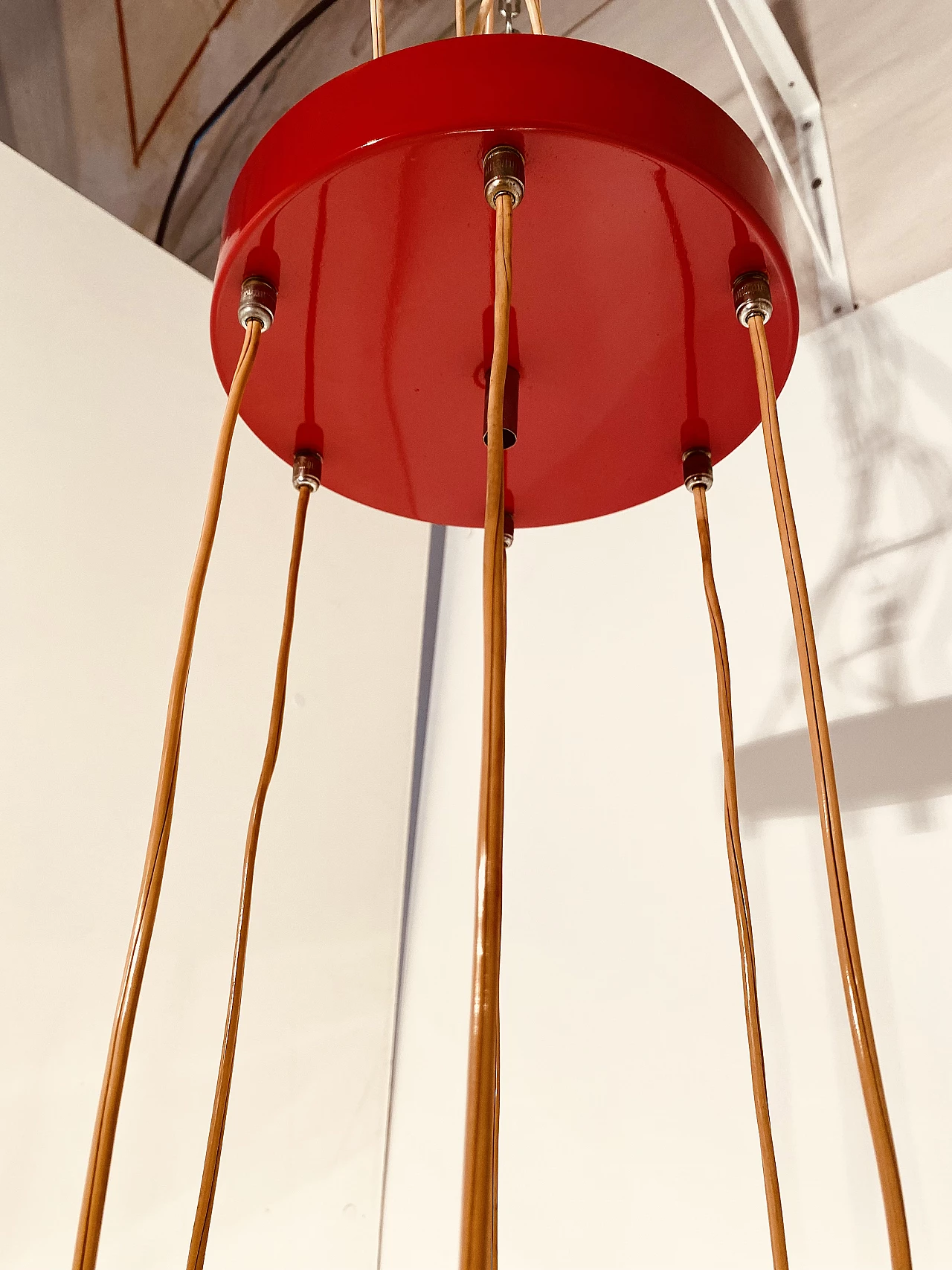 Lampadario in metallo rosso e vetro nello stile di Stilnovo, anni '50 2