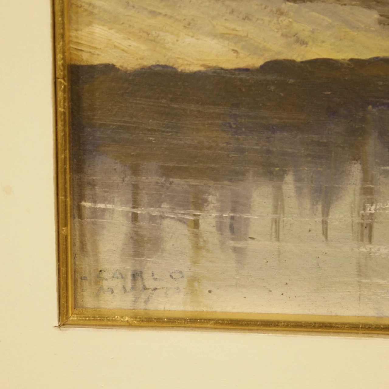 Carlo Musso, paesaggio con fiume, dipinto a olio su tavola 4